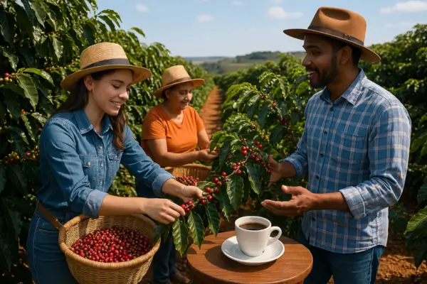 Dia de campo em cafezais com prática manual e explicações sobre cada etapa do preparo do café 