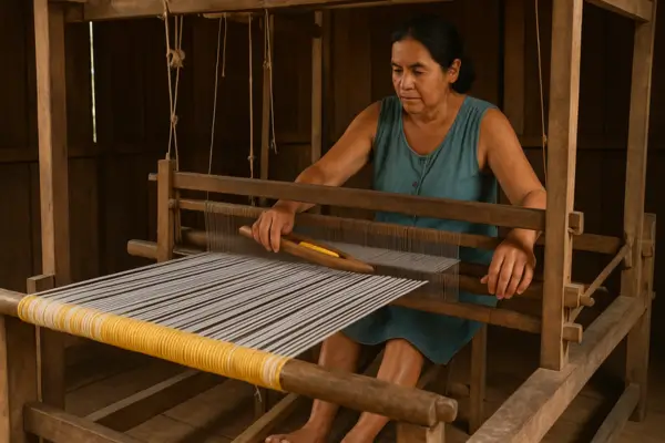 Tecelagem manual em tear de pedal que preserva técnicas seculares e sustenta famílias artesãs